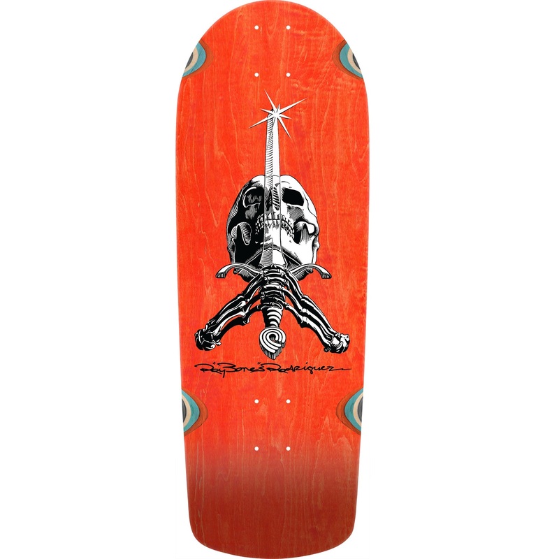 Powell Peralta OG Snub Ray Rodriguez Skull & Sword Reissue Skateboard Deck - 10 Orange Stain